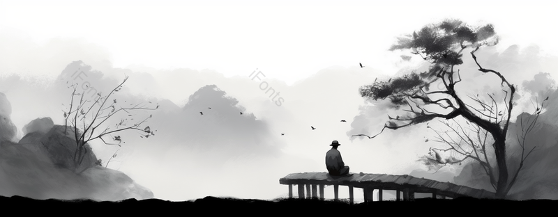 一个人坐在断桥上垂钓中国风山水水墨画背景,插画/手绘图,插画/手绘图库,插画/手绘图下载,插画/手绘